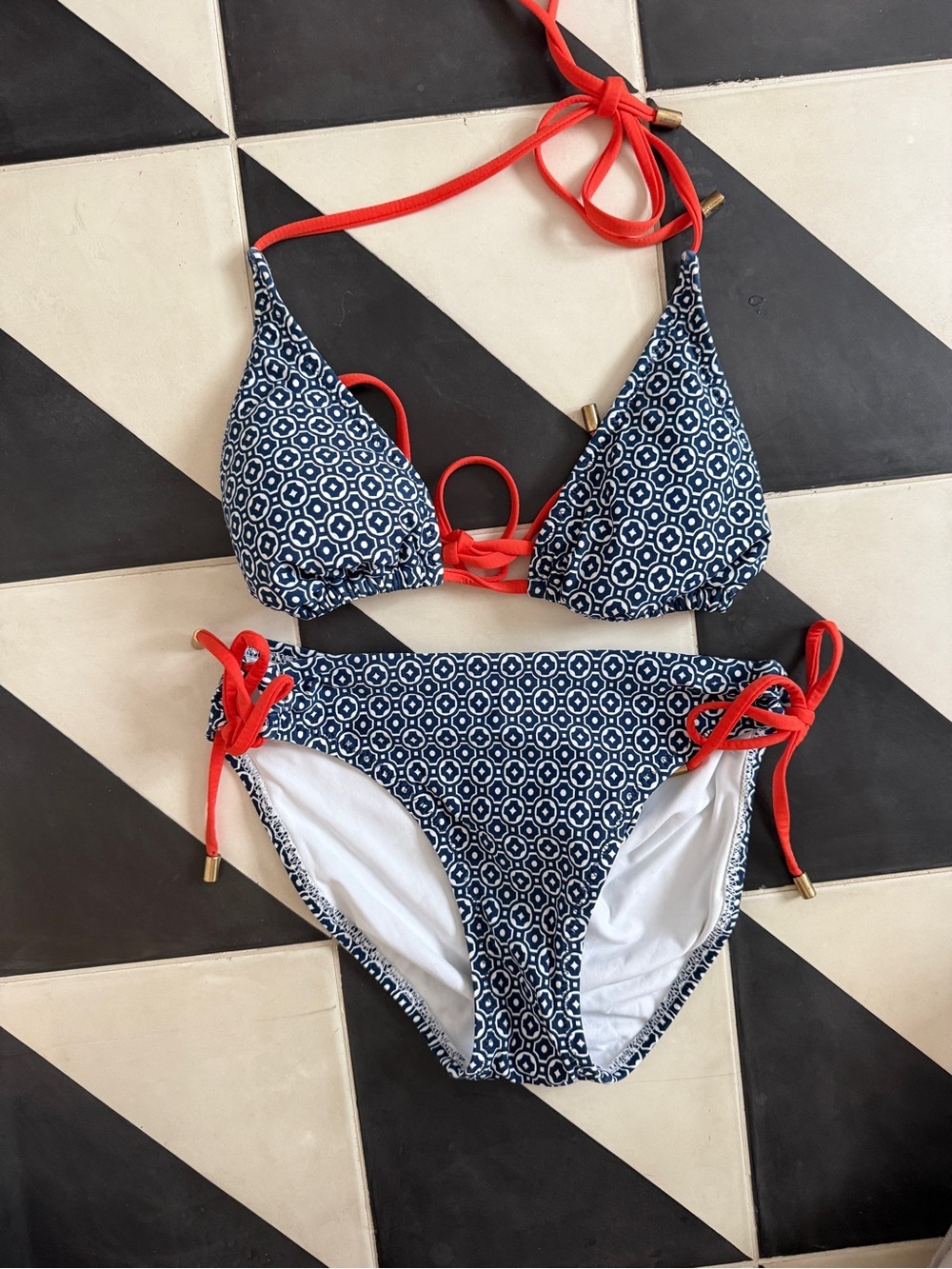 Tori Burch x Helen Jon Navy Blue and Orange Patterned Bikini